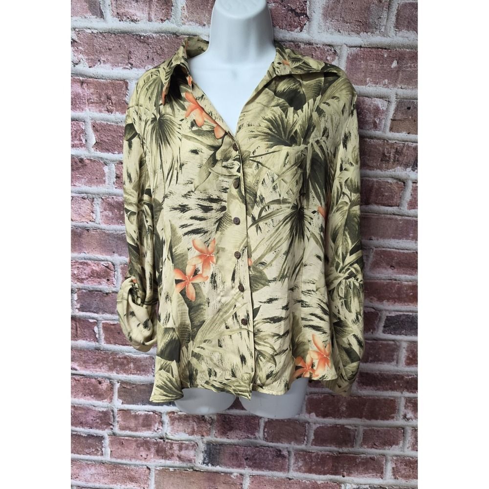 Women's JOSEPHINE CHAUS Tropical V Neck Button Up Silk Shirt Size 14